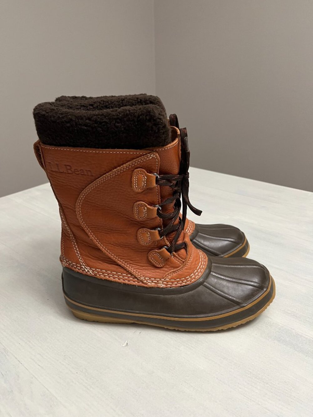 LL Bean Fleece-Lined Waterproof Leather Duck Boots in Brown